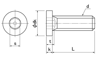 鋼 六角穴付きボルト(キャップスクリュー)(極低頭・小頭タイプ)(日産ネジ製)の寸法図