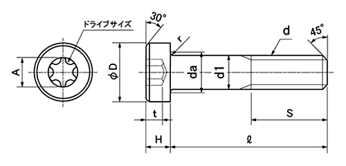 鋼 強度区分12.9TORX穴付き ローヘッドキャップ (低頭タイプ)の寸法図