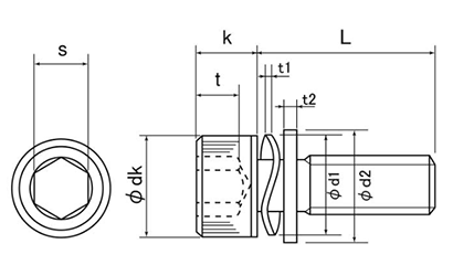 鋼 ゼロイタ薄板用 六角穴付きボルト(キャップスクリュー) PU＝3 (波型バネ座+ISO平座)(全ねじ)の寸法図