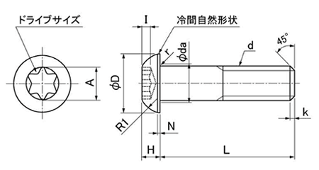 鋼 TORX穴付き ボタンボルト(トルクスボタンキャップ)(互省製)の寸法図