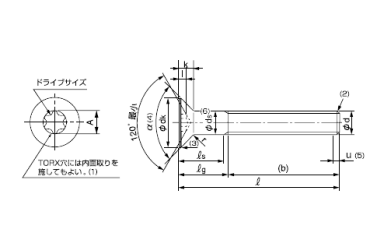 鋼 TORX穴付き 皿頭 ボルト(トルクス皿頭 キャップ)新JIS規格の寸法図