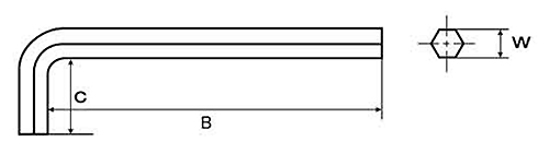 L形六角レンチ(六角棒スパナ・ショートタイプ)(インチ・ウイット)(アンブラコ製)の寸法図