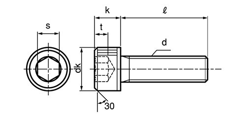 ステンレス 六角穴付きボルト(キャップスクリュー)(細目)(全ねじ)の寸法図