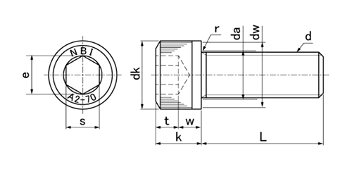 鋼 六角穴付きボルト(キャップスクリュー)(全ねじ)(日本鋲螺製)の寸法図