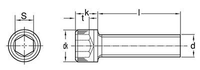ステンレス 六角穴付きボルト(キャップスクリュー)(左ねじ)(全ねじ)の寸法図
