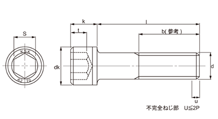 ステンレス 六角穴付きボルト(キャップスクリュー)(左ねじ)(岸和田製)の寸法図