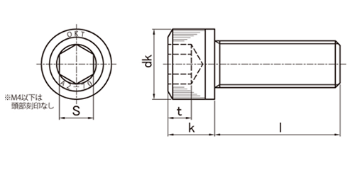 ステンレス 六角穴付きボルト(キャップスクリュー)(左ねじ)(興津螺旋製)の寸法図