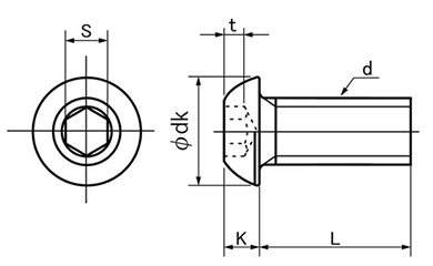 ステンレス 六角穴付きボタンボルト(ボタンキャップ)(JIS規格)(アンスコ製)の寸法図