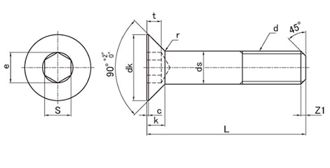ステンレス 六角穴付き皿頭 ボルト(皿頭 キャップ)(細目)の寸法図