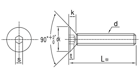 ステンレス 六角穴付き皿頭 ボルト(皿頭 キャップ)(JIS規格)の寸法図