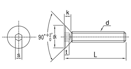 ステンレス 六角穴付き皿頭 ボルト(皿頭 キャップ)(DIN規格)(日星製)の寸法図