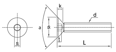 ステンレス 六角穴付き皿頭 ボルト(皿頭 キャップ)(JIS規格)(光精工製)の寸法図