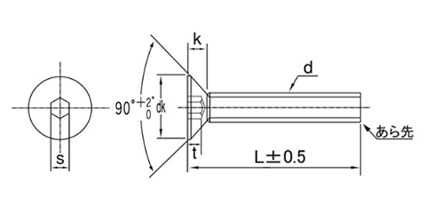 ステンレス 六角穴付き皿頭 ボルト(皿頭 キャップ)(JIS規格)(岸和田製)の寸法図