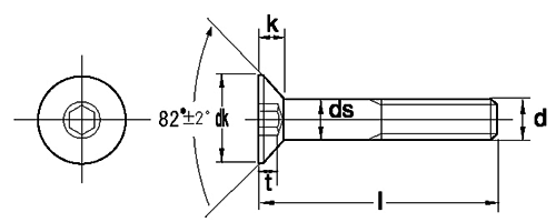ステンレス 六角穴付き皿ボルト(皿頭 キャップ)(UNCユニファイ並目ねじ)の寸法図