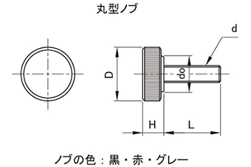 ステンレス サムスクリュー(全ねじ)(グレー)(丸型ローレット付)の寸法図