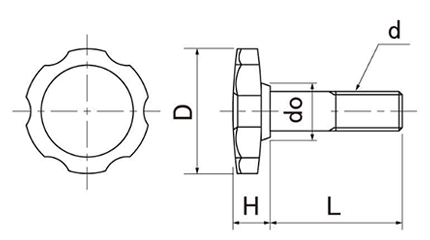 ステンレス サムスクリュー(半ねじ)(黒)(菊型外径38mm品)の寸法図