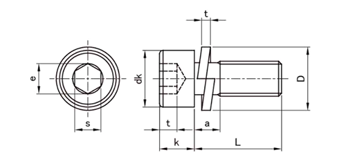 ステンレスWA-S 六角穴付きボルト(キャップスクリュー) P＝2(S座組込)(全ねじ)(アンスコ製)の寸法図