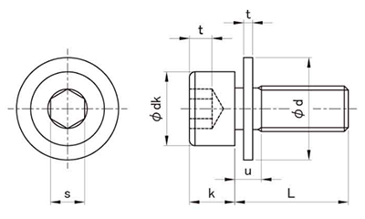 ステンレス 六角穴付きボルト(キャップスクリュー) I＝1(ISO 平座組込)(全ねじ)の寸法図