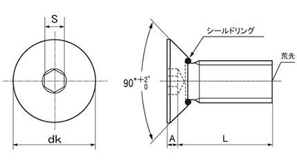 ステンレス SUSXM7 皿シールキャップボルト(皿頭 キャップ)(NBRゴム/漏れ防止機能)の寸法図