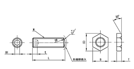 ステンレス 六角穴付タイプ 調整ボルトセット(丸先)(ASHS細目/ナット付)の寸法図