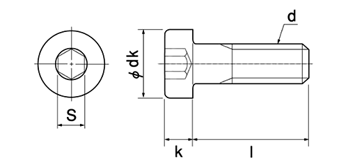 ステンレス ローヘッドキャップ (低頭タイプ)(六角穴対辺小径タイプ)の寸法図