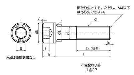 ステンレス 六角穴付きボルト モーションタイト (キャップスクリュー)(緩み防止)(日産ネジ製)の寸法図