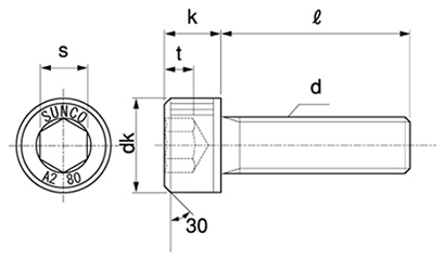 ステンレス 高強度A2-80 六角穴付きボルト(キャップスクリュー)(プレミア ステン)の寸法図