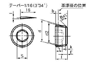 ステンレスSUS316(316L) 六角穴付テーパねじプラグ(沈み)の寸法図