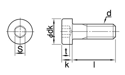 ステンレス SUS316L(A4) 六角穴付き低頭ボルト(ローヘッドキャップスクリュー)の寸法図