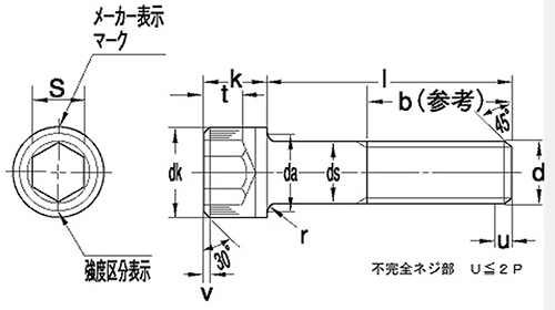 ステンレス SUS329J4L 六角穴付きボルト(キャップスクリュー)(高濃度塩化物用)(切削品)の寸法図