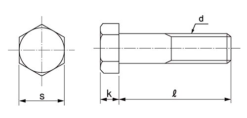 鉄 六角ボルト (半ねじ)(インチ・ウイット)の寸法図