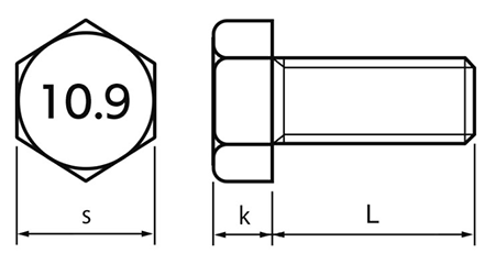 鋼 強度区分10.9 六角ボルト (左ねじ)の寸法図