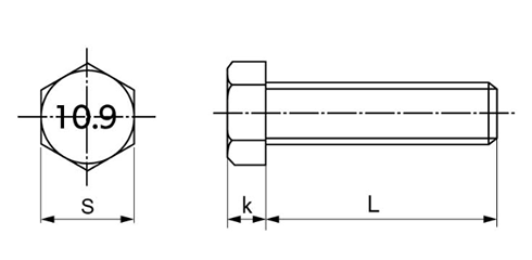 鋼 強度区分10.9 小型六角ボルト(全ねじ)(細目)の寸法図