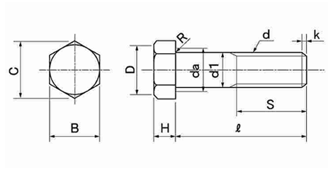 鉄 小形六角ボルト(半ねじ)の寸法図