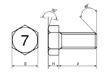 鋼 (7マーク)六角ボルト(全ねじ・細目)の寸法図