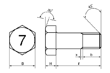 鋼 (7マーク)六角ボルト(半ねじ)の寸法図