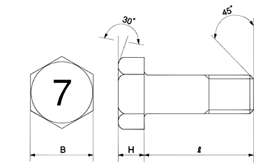 鋼 (7マーク)小形六角ボルト(半ねじ)の寸法図