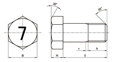鋼 (7マーク)小形六角中ボルト(半ねじ・細目)の寸法図