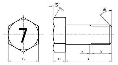 鋼 (7マーク)小形六角中ボルト(半ねじ・細目)(M12 p＝1.5)の寸法図