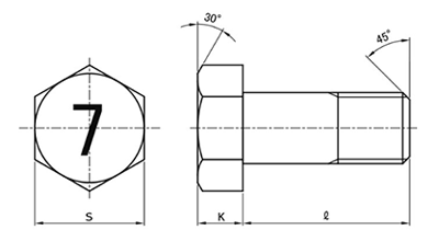 鋼 (7マーク)小形六角中ボルト(半ねじ・細目)(馬場品)の寸法図