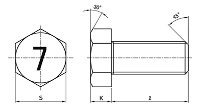 鋼 (7マーク) 小形六角ボルト(全ねじ)(馬場品)の寸法図