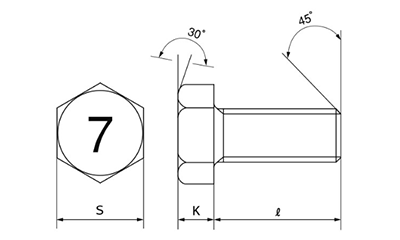 鋼 (7マーク)六角ボルト(全ねじ・細目)(馬場品)の寸法図