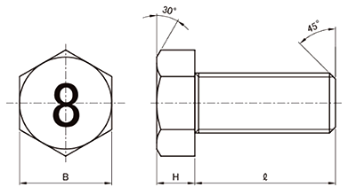 鋼 (8マーク)六角ボルト(全ねじ)の寸法図