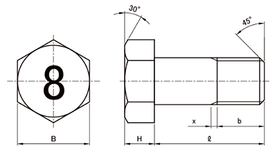 鋼 (8マーク)六角ボルト(半ねじ)の寸法図