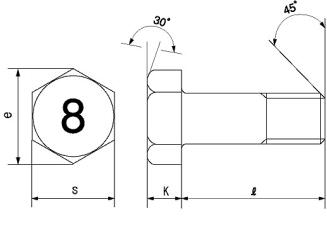 鋼 (8マーク)六角ボルト(半ねじ・細目M12 p＝1.5)の寸法図