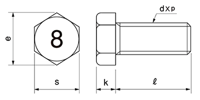鋼 (8マーク)小型六角ボルト(全ねじ)の寸法図