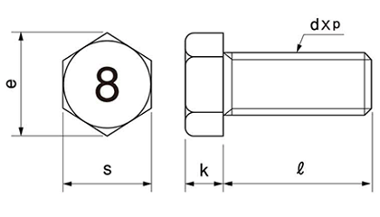 鋼 (8マーク)小型六角ボルト (全ねじ・細目)の寸法図