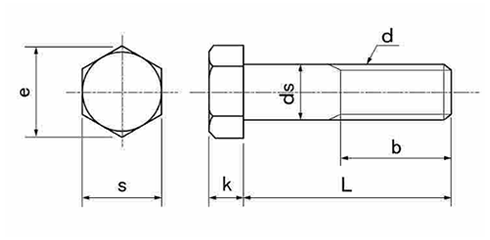 鉄 六角ボルト(全ねじ)(ヨット印)の寸法図