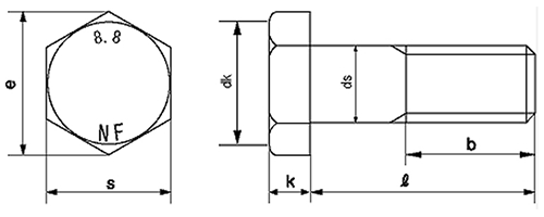 鋼 強度区分8.8 六角ボルト(日本ファスナー品)の寸法図