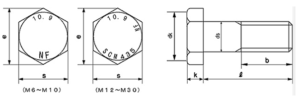 鋼 強度区分10.9 六角ボルト (日本ファスナー品)の寸法図